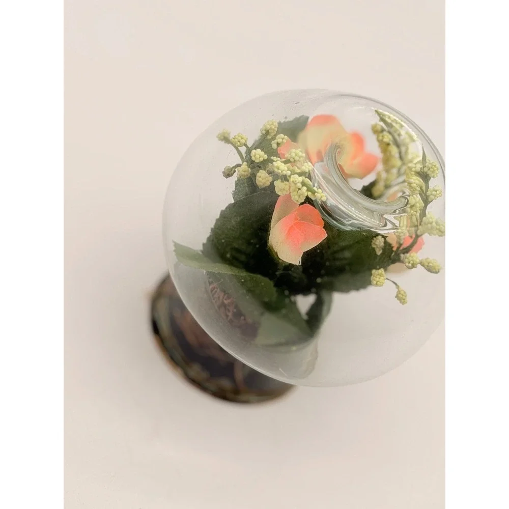 Vintage Glass Terrarium Votive Candle Holder Faux Pink Flowers Metal Base Orb